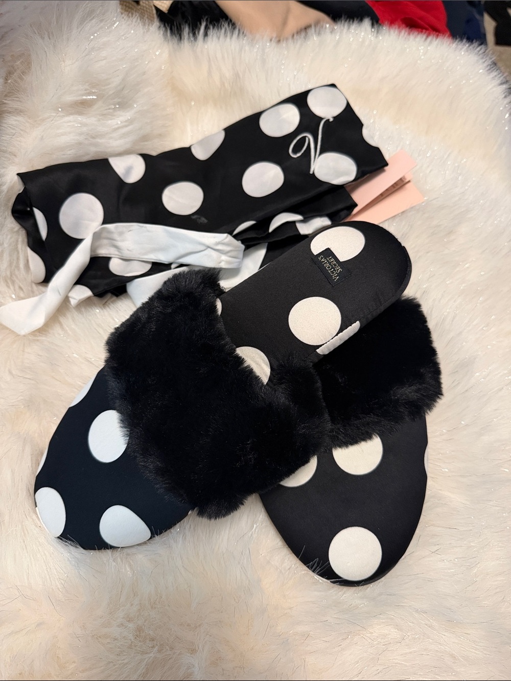 Victoria's Secret Black & White Polka Dot Fur Slide Slippers